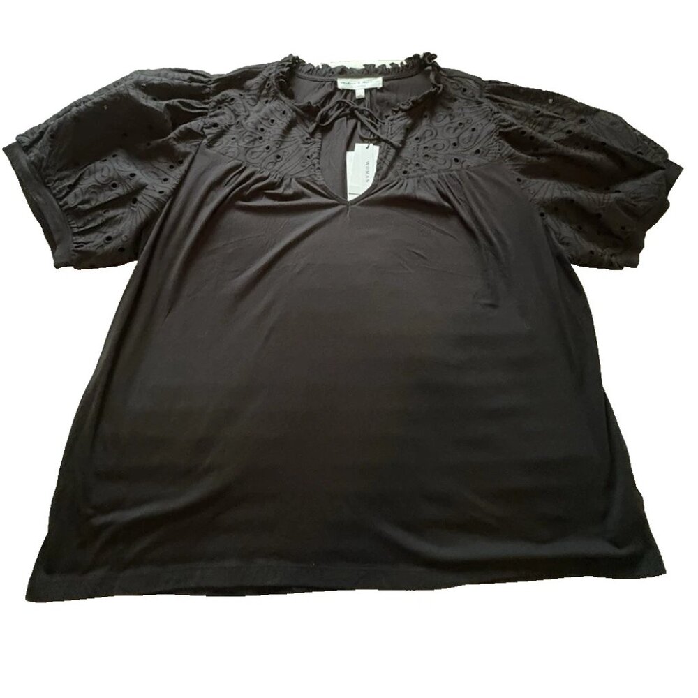Chelsea and Theodore women's blouse 3XL black eyelet embroidered sleeves NWT